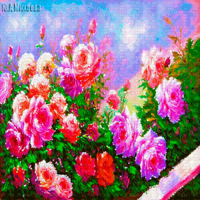 Y.A.M._Vintage Summer landscape background flowers - Free animated GIF