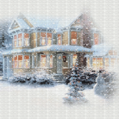 house haus maison jardin garden  paysage landscape image gif anime animation animated fond background winter hiver snow neige snowflakes snowfall christmas noel - GIF animé gratuit