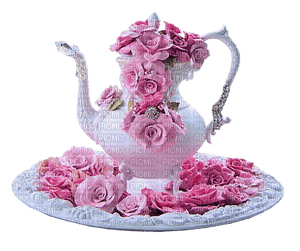 kettle with pink roses - PNG gratuit