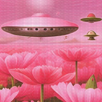 Pink Flower Field with UFO - Free PNG