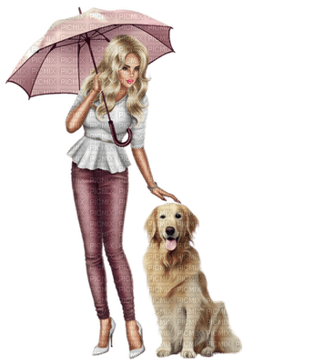 kvinna-hund-paraply-woman-dog - png ฟรี