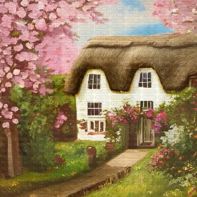 Vintage Cottage with Cherry Blossom Trees - png ฟรี