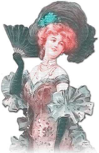 soave woman vintage hat fan victorian  pink teal - Free PNG