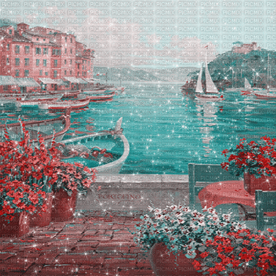 pink teal summer sea balcony vintage background - Bezmaksas animēts GIF