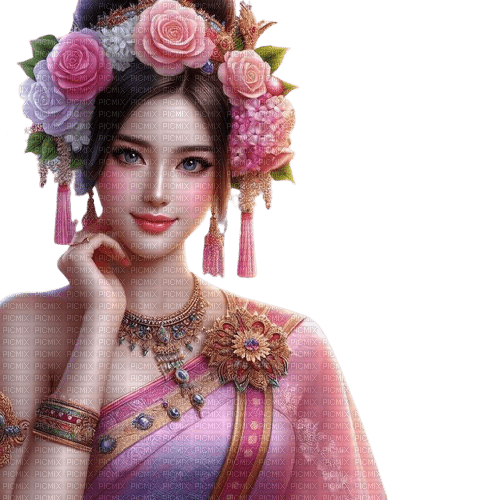 asian woman pink roses - PNG gratuit