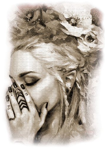 soave woman face flowers sad  sepia - Free PNG