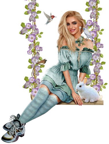 Woman on a swing. Spring and birds. Leila - kostenlos png