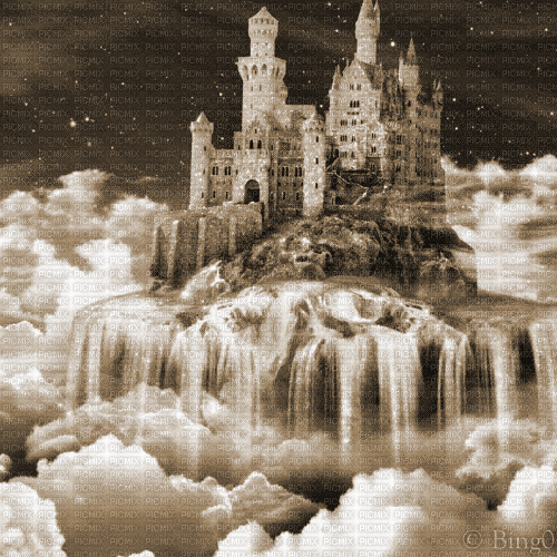 Y.A.M._Fantasy Sky clouds Castle Landscape sepia - GIF animasi gratis
