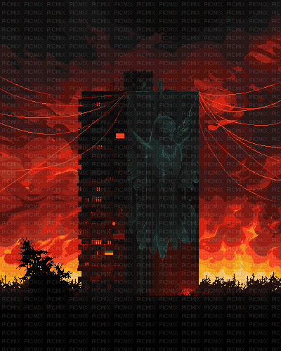 menacing tower on fire - GIF animé gratuit