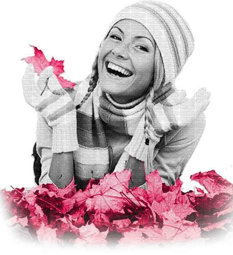 soave woman autumn leaves smile black white - 免费PNG