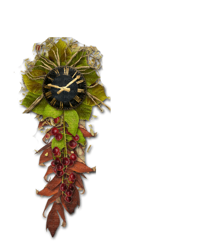 Time Clock Autumn Green Brown Leaf - Bogusia - Free PNG