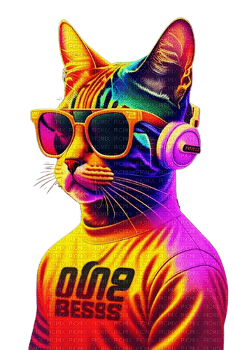 neon cat headphones orange sunglasses - zdarma png