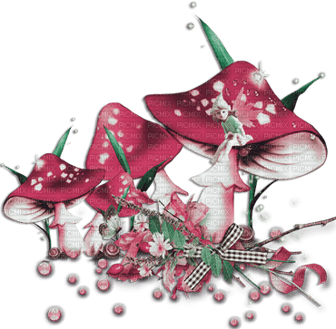 soave deco autumn mushrooms scrap pink green - 無料png