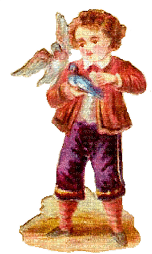 Vintage boy with birds - gratis png