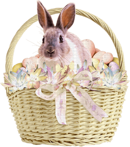 Basket.Eggs.Flowers.Rabbit.White.Gray.Pink.Yellow - png gratis