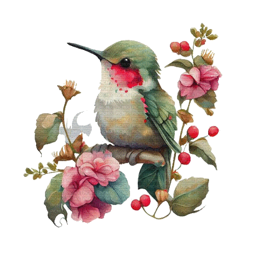 oiseau, fleurs, rose, bird, flowers, pink. - Zdarma animovaný GIF