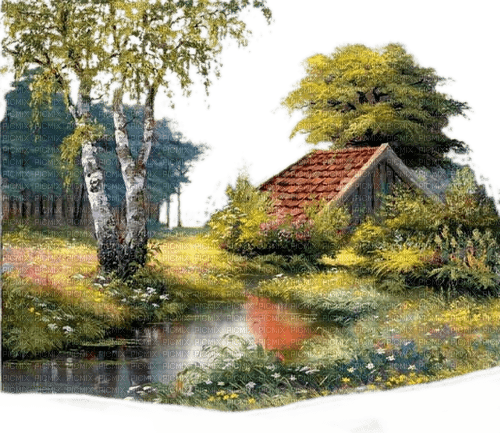 Landschaft, Birken, Haus, Landscape - фрее пнг