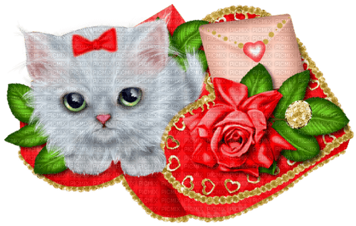 Kitten.Heart.Box.Rose.Gray.Red - Free PNG