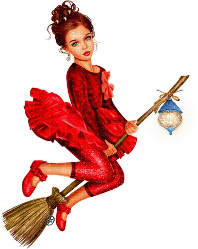 Girl.Witch.Child.Broom.Halloween.Red - ücretsiz png