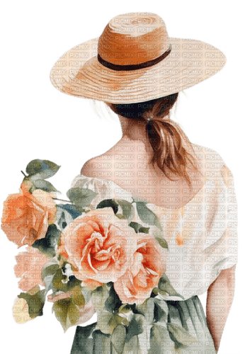 Женщина с цветами акварель - png ฟรี