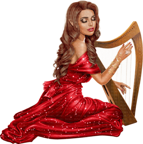 Alv. Woman playing harp. Red dress. Leila - фрее пнг