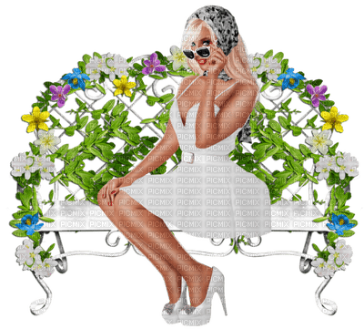 kvinna--sitter-bänk-blommor - kostenlos png