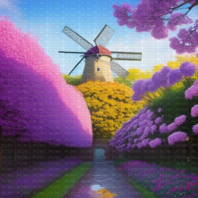 Windmill and Purple Spring Flowers - gratis png