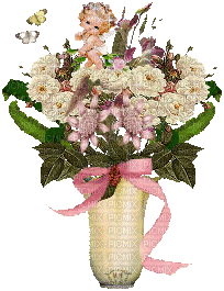 Bouquet of Flowers in Vase with Angel - GIF animé gratuit