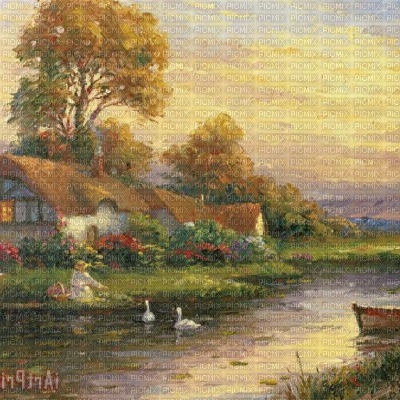 Cottage with Lake Vintage Background - фрее пнг