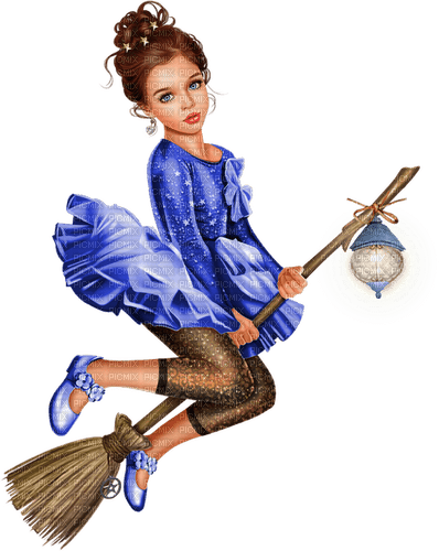 Girl.Witch.Child.Broom.Halloween.Blue.Black - 免费PNG