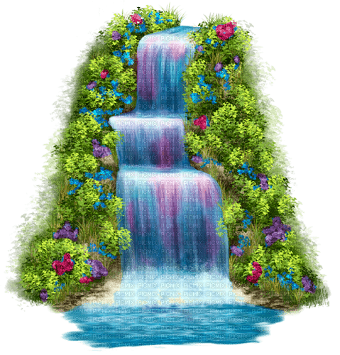 Waterfall.Flowers.Grass.Blue.Green.Pink.Purple - ilmainen png