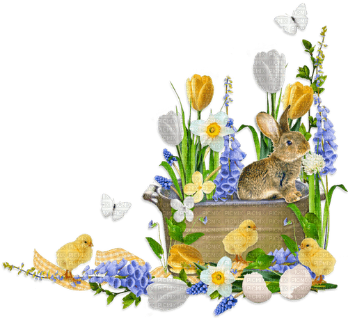 Easter.Spring.Cluster.Rabbit.Chicks.Flowers - png gratuito