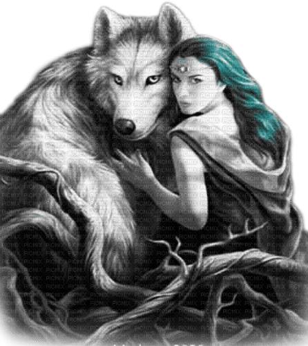 soave woman gothic fantasy wolf black white teal - png gratis
