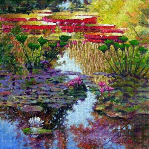 painting background flowers lake - png gratis