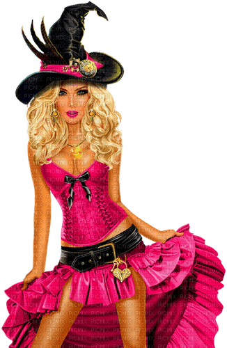 Steampunk.Woman.Witch.Halloween.Black.Pink - Free PNG