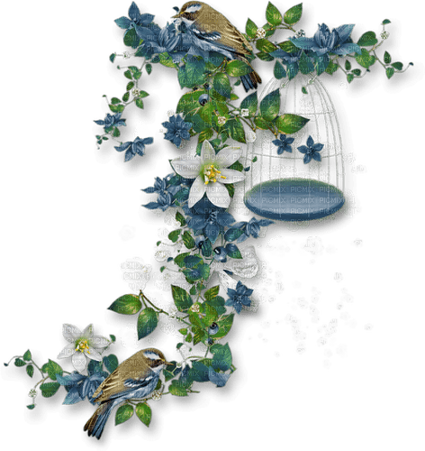 Blue white flowers bird deco [Basilslament] - PNG gratuit