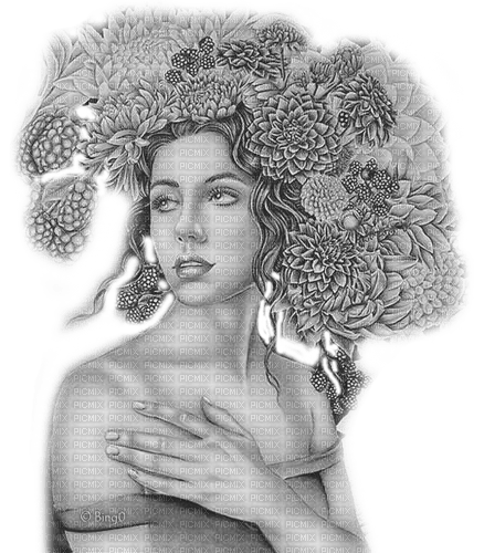 Y.A.M._Art Fantasy woman girl black-white - PNG gratuit