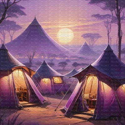 Purple African Landscape with Tents - gratis png