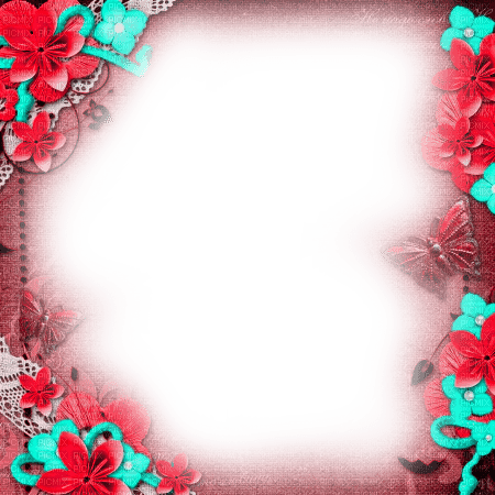 Frame.Flowers.Red.Teal - By KittyKatLuv65 - Free PNG