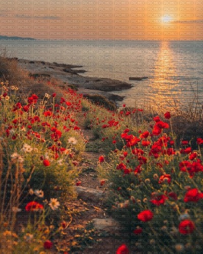 flowers sunset beach path background - ingyenes png