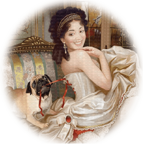 Vintage Woman with a pug - nemokama png