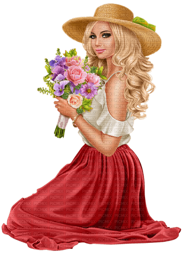 Femme avec fleurs et chapeau - zdarma png