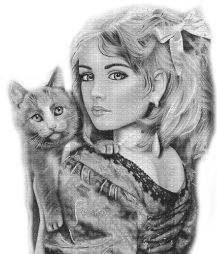 Y.A.M._Fantasy woman girl cat  black-white - PNG gratuit