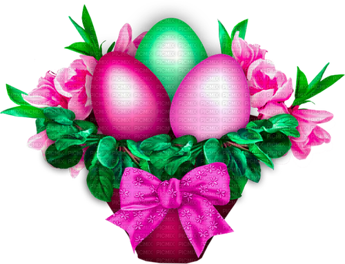 Basket.Eggs.Flowers.Pink.Green - PNG gratuit