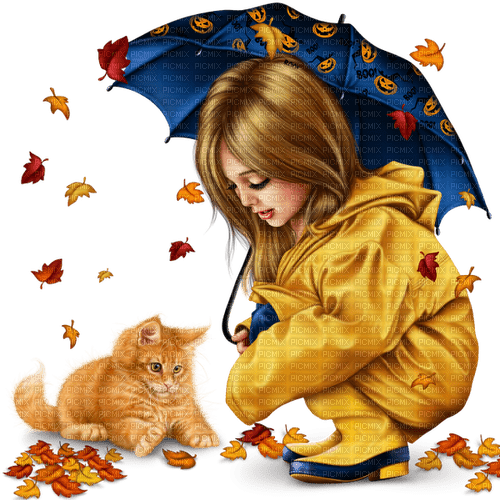 Girl, cat, umbrella. Fall. Autumn. Leila - PNG gratuit