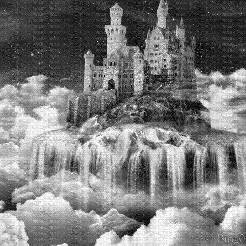 Y.A.M._Fantasy Sky clouds Castle black-white - Animovaný GIF zadarmo
