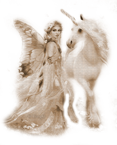 Y.A.M._Fantasy fairy unicorn sepia - kostenlos png