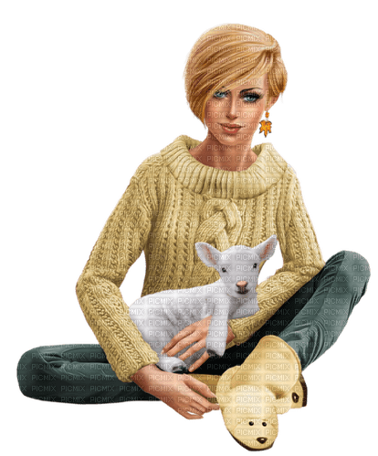 Woman with a lamb, sheep. Winter. Fall. Leila - Free PNG