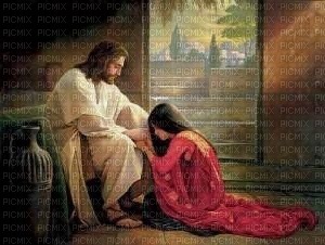 LADY BOWING AT JESUS FEET BACKGROUND - 免费PNG