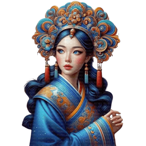 asian woman blue orange - 無料png